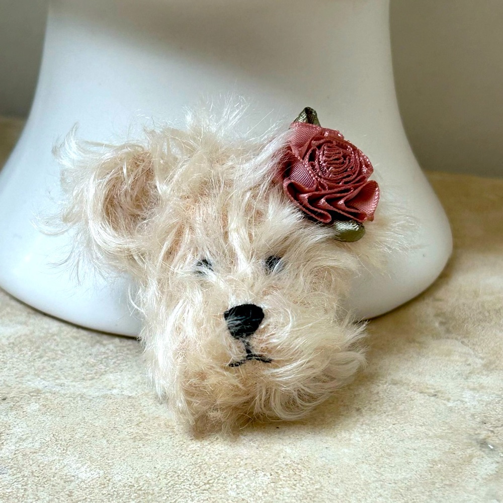 SOLD! Vintage 80s handmade Fluffy Beige Teddy Bear Brooch with Pink Rose detail